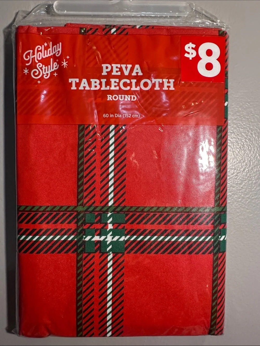 PEVA Round Tablecloth 60” Red and Green Plaid – Christmas Table Cover